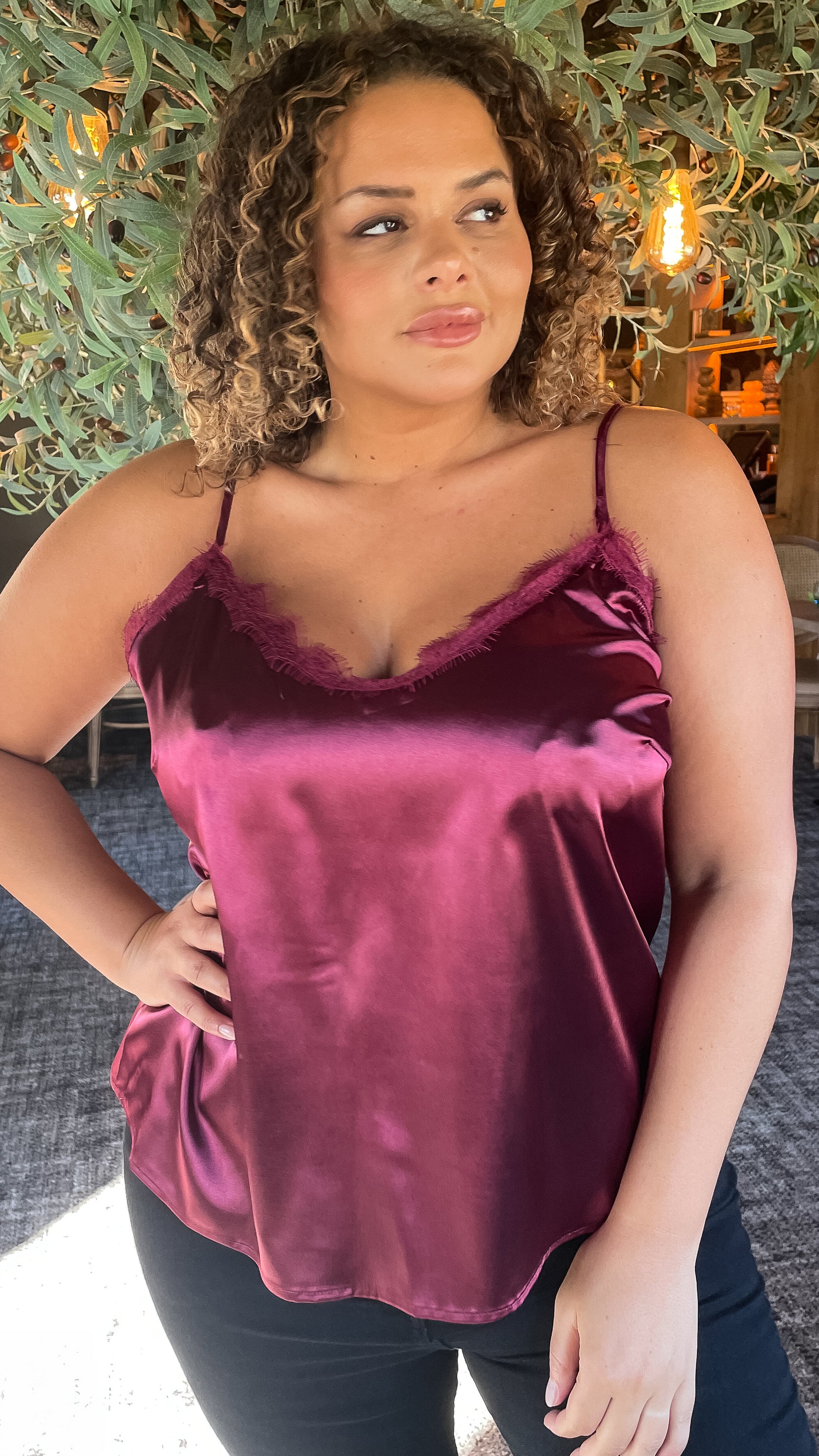 CurveWow Lace Trim Satin Cami Wine