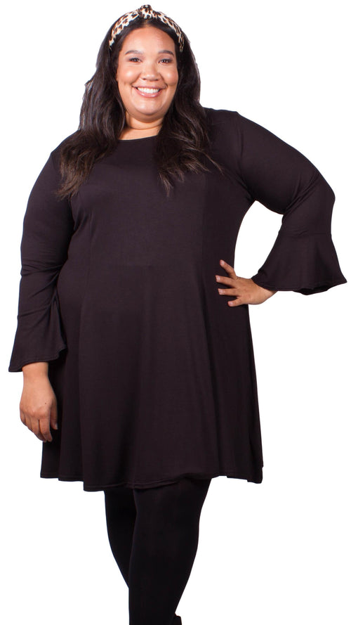 CurveWow Black Fit & Flare Jersey Dress with Flute Sleeves
