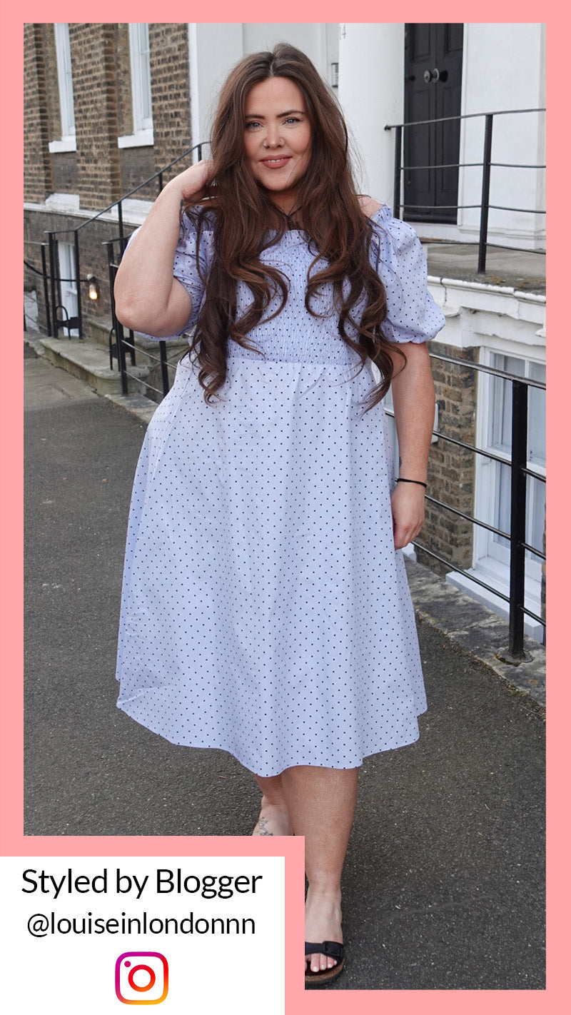 CurveWow Shirred Midi Dress Blue Polka Dot