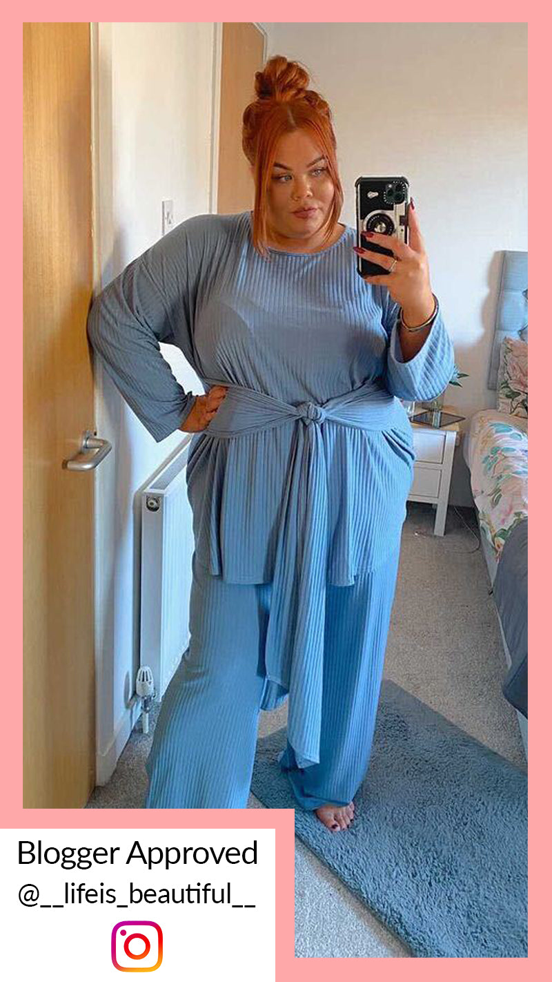 CurveWow Ribbed Tie Waist Lounge Top Blue