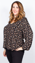 CurveWow Black Daisy V-Neck Swing Top with Bell Sleeves