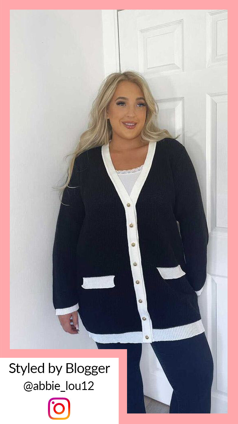 CurveWow Contrast Cardigan Black/Ivory