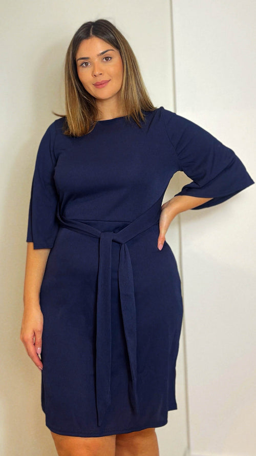 CurveWow Navy Ribbed Belted Skater Dress