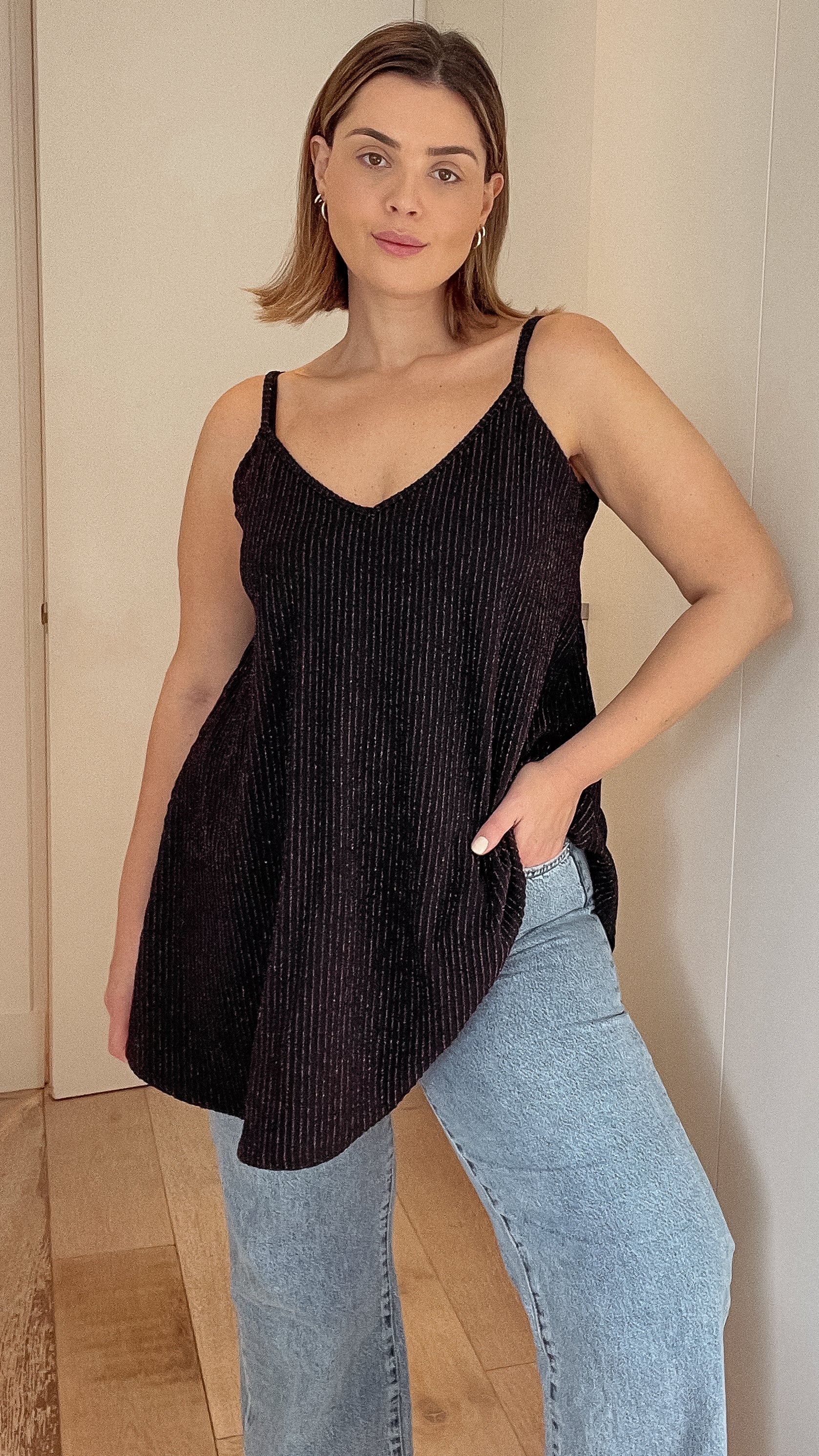 CurveWow Swing Cami Top Black & Rose Gold Glitter