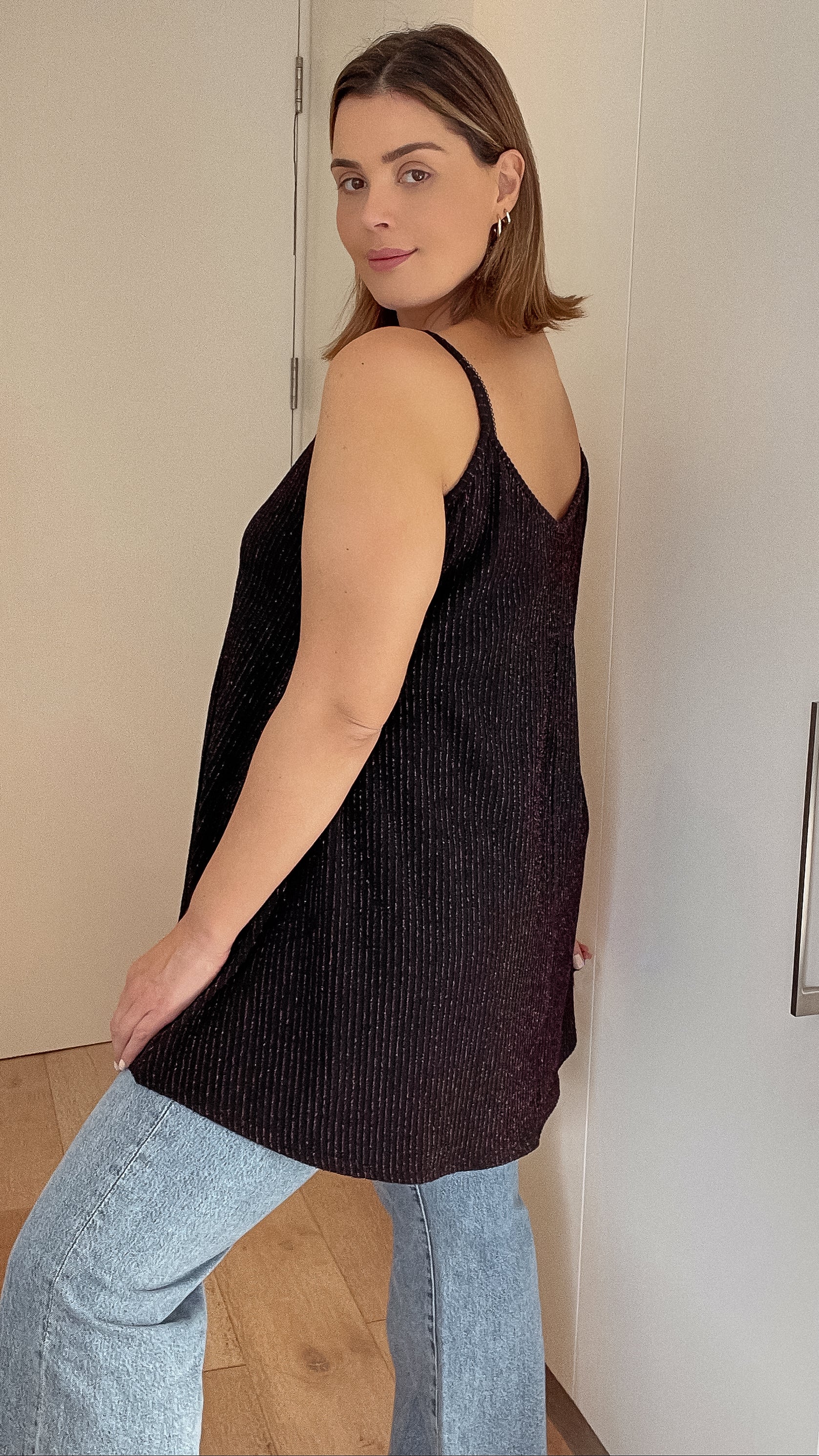 CurveWow Swing Cami Top Black & Rose Gold Glitter