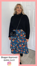 Curvewow Teal Floral Midi Skirt
